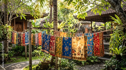 Colorful Traditional Batik Fabrics Hanging to Dry in a Tropical Garden.