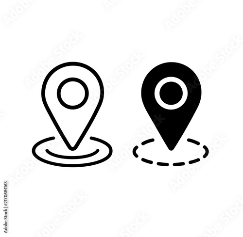 Set of black map location pins showing GPS navigation marker icons isolated on white background for travel route mapping destination pinpoint and geolocation.