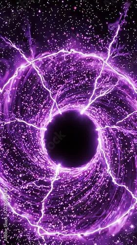 Vibrant purple energy vortex with swirling particles and electric arcs, set against a starry cosmic background, creating a mesmerizing visual effect of motion and depth