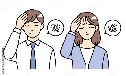 頭を抱えて困っている若い男女の会社員のイラストセット