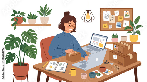 A woman sits at her desk packing cardboard boxes while working on a laptop in a cozy home office full of plants.