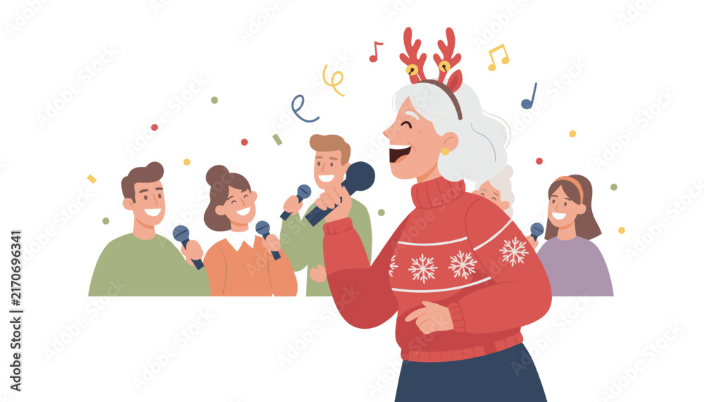 Fototapeta premium Happy senior woman wearing reindeer antlers singing karaoke at a festive Christmas party with supportive friends behind.