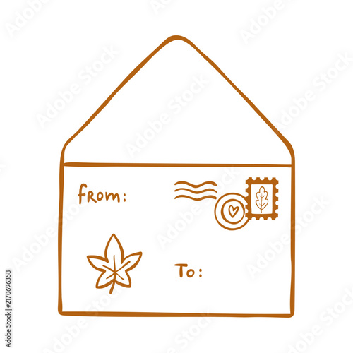 Line art vector illustration of an open envelope with autumn symbols. Hand-drawn clip art for mail sticker, postal packaging, or stationery projects. Template for postcrossing club.