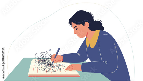 Frustrated student holding a pen and scribbling angry chaotic loops in her notebook due to high study stress.
