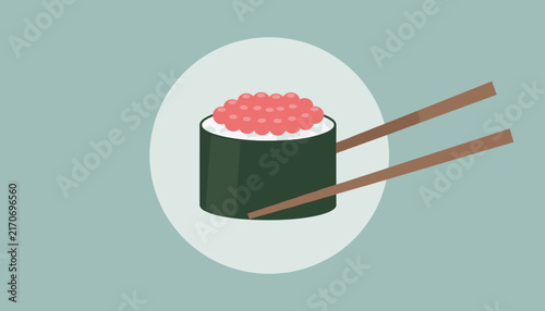 Classic sushi roll with bright red roe on top picked up by a pair of wooden chopsticks on a soft green background.