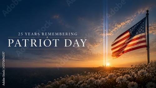 Honoring patriot day 25 years remembering the september 11 anniversary with a sunset view and american flag