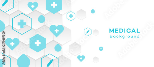 Abstract light blue medical background featuring a clean hexagonal honeycomb pattern with cross symbols, syringes, hearts, and water drops for modern healthcare design presentation.