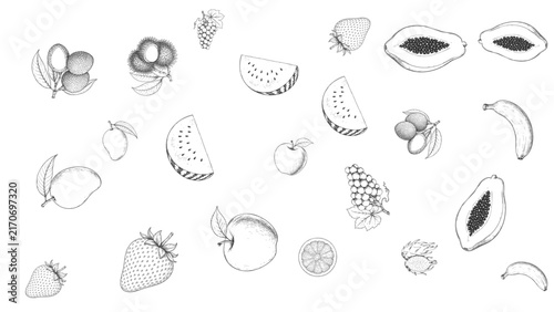 Hand drawn exotic fruit set featuring monochrome sketches for healthy menu design and food backdrop