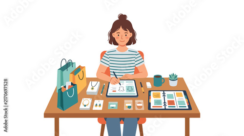 A young woman sits at her desk, working on a graphic tablet surrounded by jewelry, shopping bags, and a planner.