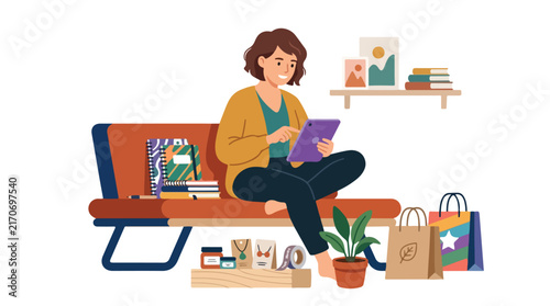 A woman sits comfortably on a couch, using her digital tablet while surrounded by craft items, books, and shopping bags.