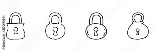 Padlock Security Hand Drawn Doodle Icon Set. Locking, Protection, Privacy And Access Control Sketch Symbol Collection. Safety And Cybersecurity. Isolated Vector Illustration