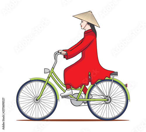Line art Illustration vector symbols of Vietnam with Vietnamese women riding bicycles wearing Vietnamese style hats called Non la hats drawing in colorful