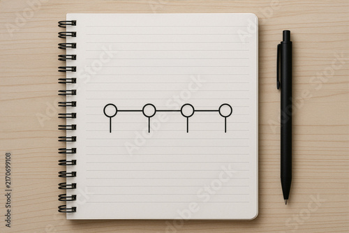 Top view of spiral notebook with project timeline diagram and black pen on light wooden desk. Business workflow, milestones and project planning concept.