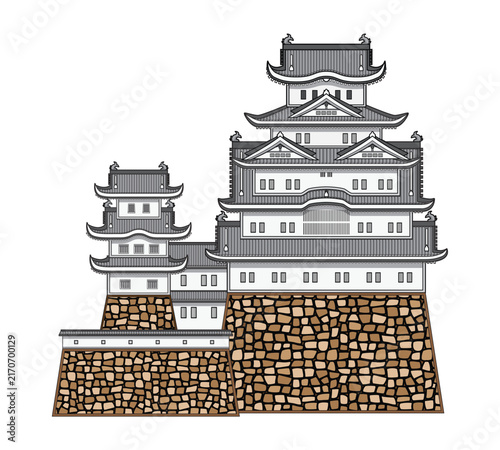 Line art Illustration vector symbols of Japan with group of Japan style castle Himeji Castle famous known as white Egret or white heron castle drawing in colorful