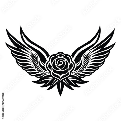 Black and white rose with wings illustration, gothic floral emblem for tattoo design, A stylized black and white graphic illustration of a rose flower with spread wings.