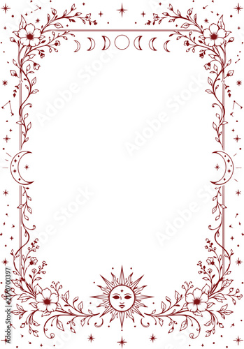 Celestial Floral Line Art Frame with Sun, Moon Phases, Stars and Botanical Border