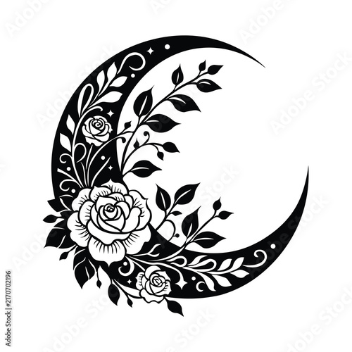 Floral Crescent Moon Vector Set With Rose Illustrations And Decorative Botanical Elements