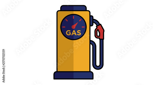 Vintage yellow gas station fuel pump vector illustration featuring a simple flat design with bold lines and vibrant dark colors