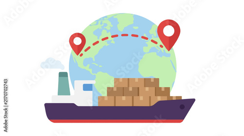 Global shipping cargo ship vector illustration featuring a large globe with navigation pins for international logistics and worldwide freight transport