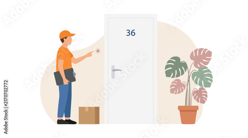 Delivery courier wearing orange hat pressing doorbell at apartment door holding cardboard parcel in this clean flat vector illustration graphic