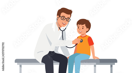Professional male doctor using a medical stethoscope to examine a young boy patient in this vibrant flat vector graphic illustration