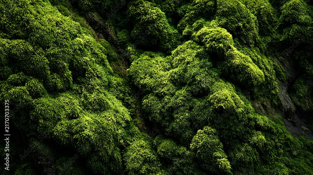 Fototapeta premium Green moss texture covers forest rock surface for organic background.