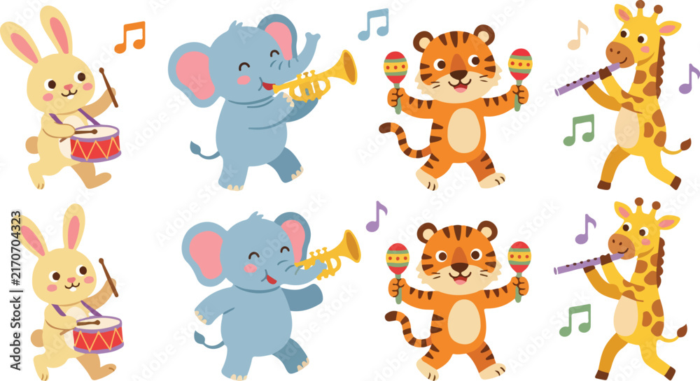 Fototapeta premium Cute animals playing musical instruments set with rabbit, elephant, tiger, and giraffe. Vector illustration