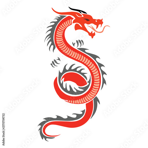 Red Chinese Dragon Illustration Isolated on White Background, A stylized red and grey Chinese dragon illustration isolated on a clean white background.