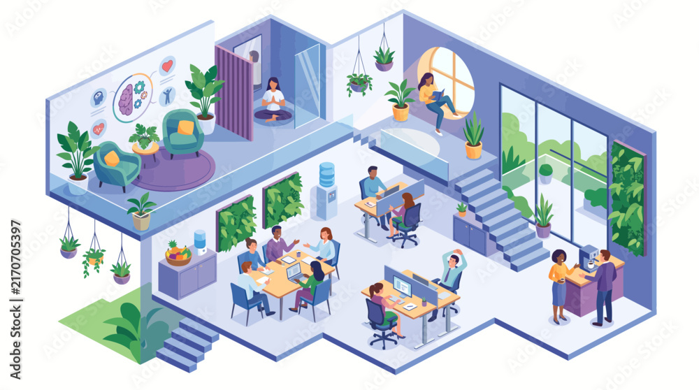 Naklejka premium Isometric Modern Office Design with Wellness Area and Coworking Space Vector