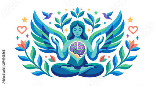Meditating Woman with Wings and Brain Vector Illustration