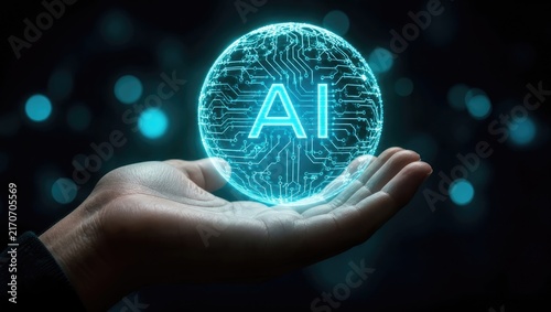Human hand holding glowing blue spherical AI network on dark background, symbolizing control and innovation in artificial intelligence.