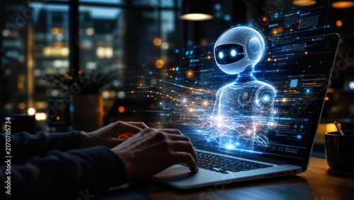 Hands typing on laptop keyboard visualizing virtual ai assistant robot hologram interface for modern software development and digital workflow task management.