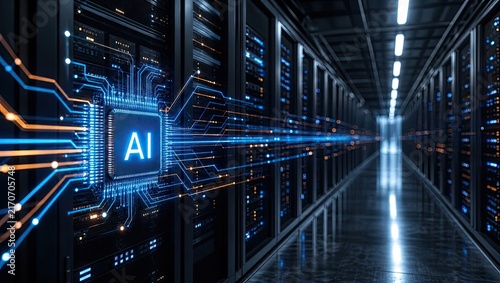 Artificial intelligence processor chip featuring glowing blue circuits integrated inside modern data center server room racks for advanced computing system tasks.
