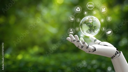 Robotic hand gently holds transparent glass globe surrounded by esg icons representing technology integration in environmental conservation and sustainable development.