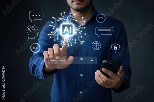 Unidentified person interacts with virtual ai assistant interface showing processor icon and smart widgets while holding smartphone for modern software workflow.