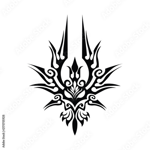 Tribal tattoo design with sharp symmetrical ornate patterns and gothic aesthetic elements, A symmetrical tribal tattoo design featuring sharp, ornate, and gothic-inspired patterns on a white backgroun