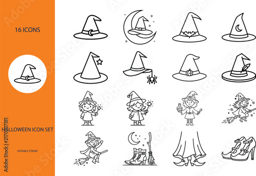Halloween icon set featuring witch hats brooms and boots in line art style
