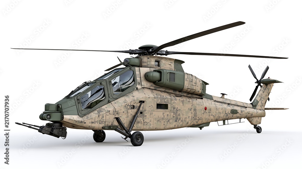 Fototapeta premium Military attack helicopter with modern digital camouflage pattern on clean white background, side view of armed combat chopper, defense and aerospace concept design