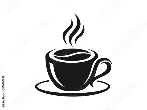 Fotografie Minimalist coffee cup icon with steam, black espresso mug vector illustration, h