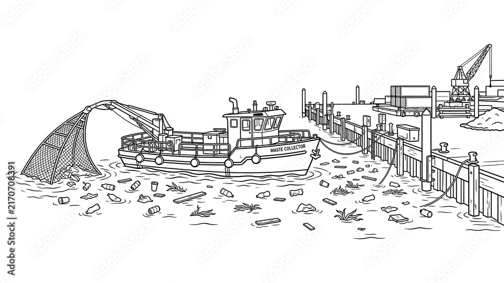 Fototapeta premium Industrial harbor scene with boats and cranes white background.