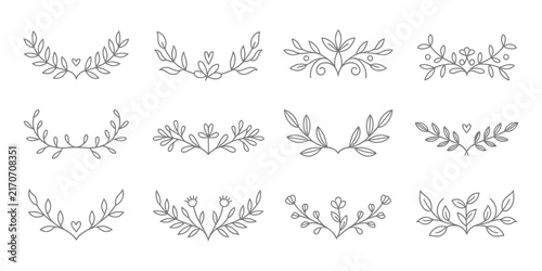 Floral Line Dividers, Botanical Vine Leaf Frame Ornaments Flourish Borders and Decorative Vector Graphics