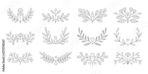 Floral Ornament Borders, Hand Drawn Flower Vine Leaf Divider Frame and Vintage Decorative Vector Elements