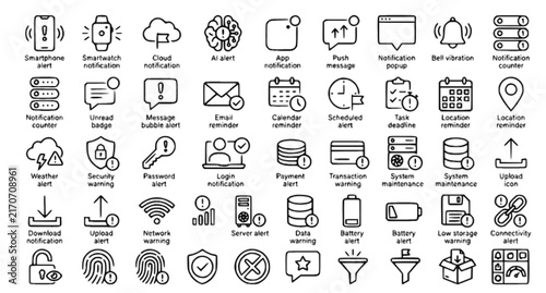 Smart Digital Notification System Thin Line Icons – Mobile Alert, App Reminder and Warning UI Vector Set