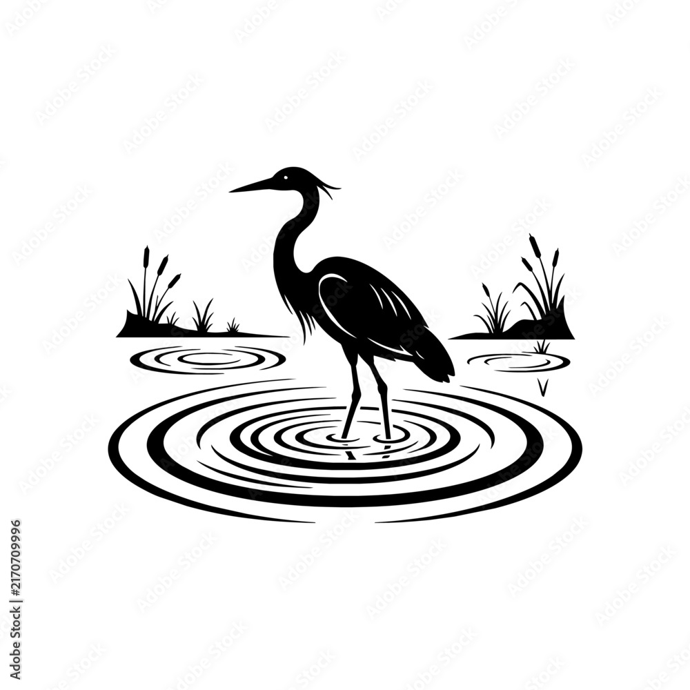 Obraz premium Black Silhouette of a Heron Standing in Water