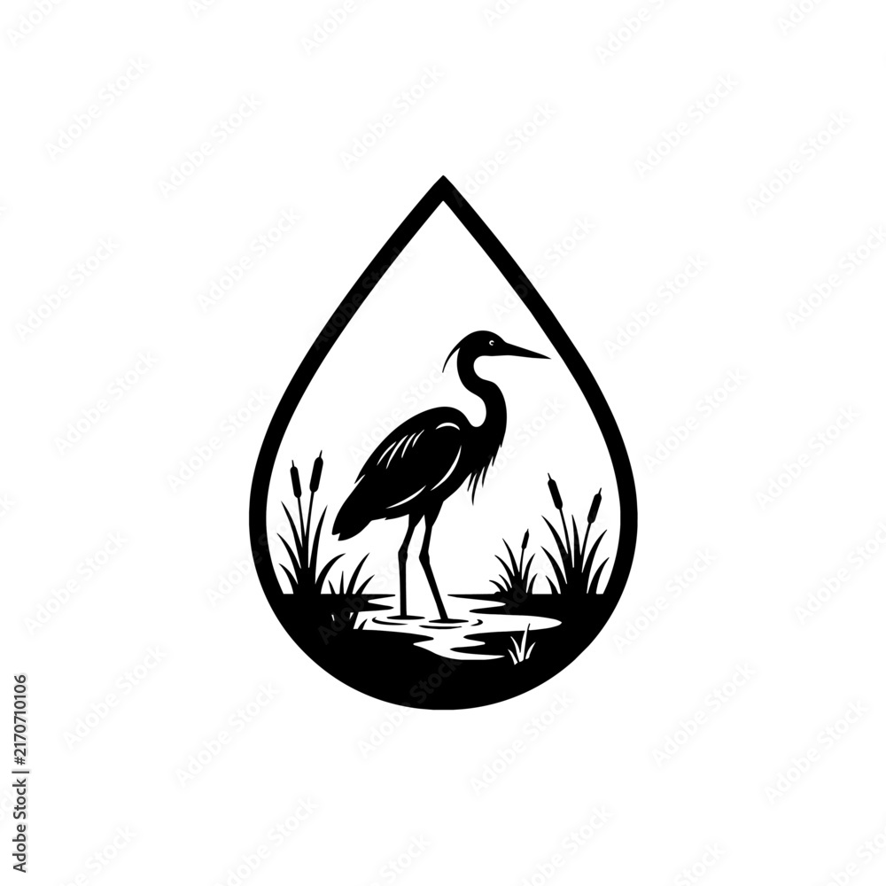 Obraz premium Black and White Heron Bird in Water Drop Silhouette