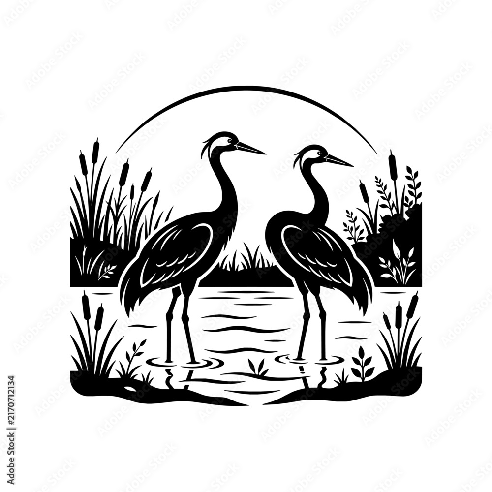 Naklejka premium Black and white silhouette of two cranes in a lake with reeds