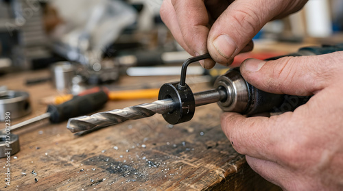 Mechanic adjusts the depth stop collar on a metal drill bit using a small hex key at a cluttered workbench.
