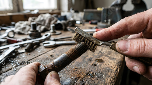 Mechanic cleans the rusted threads of a large steel bolt using a handheld wire brush in a garage.