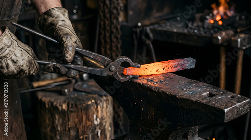 Blacksmith holds a glowing hot piece of metal with iron tongs over a traditional heavy steel anvil.