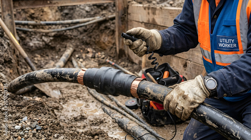 Utility worker installs a heavy duty pipe coupling within an excavated trench at a construction site.